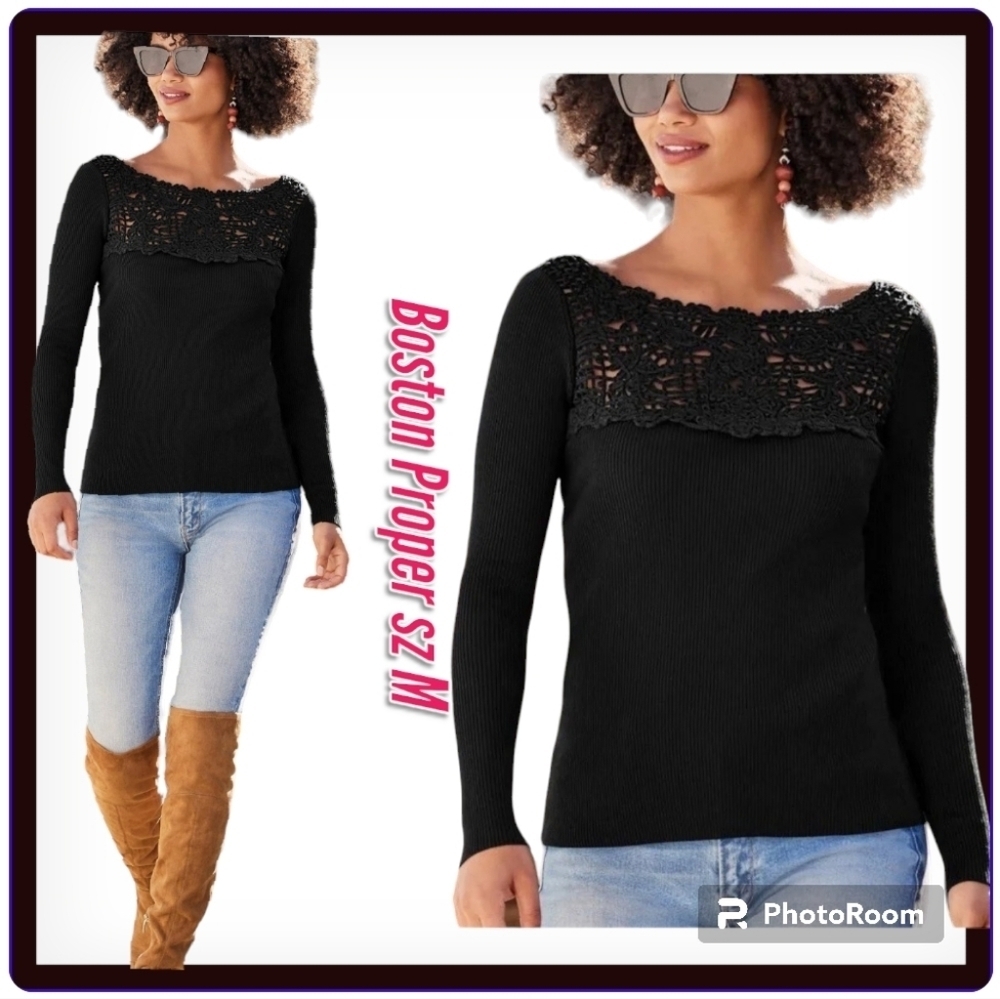 Boston Proper Black Ribbed Knit Sweater Crochet Lace Neckline Sz M - Picture 2 of 13